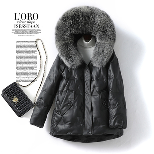 羽绒服女常规黑色韩版宽松连帽狐狸毛领新款绵羊皮白鸭绒女外套