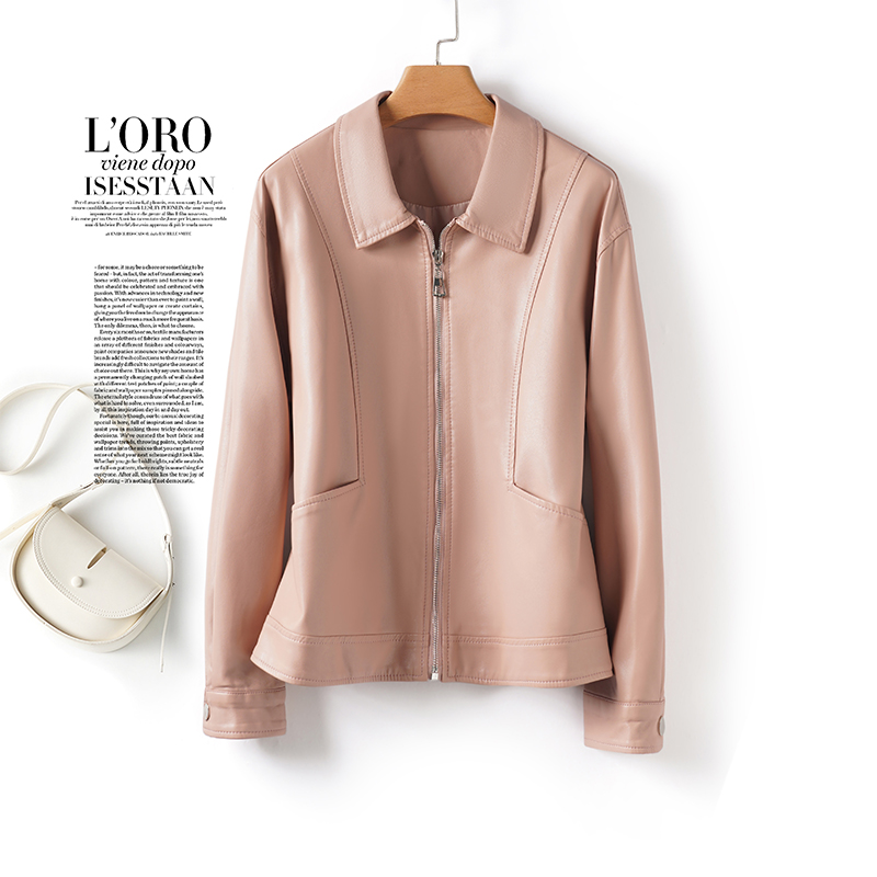 海宁皮衣短款粉色减龄修身小个子