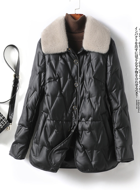 海宁皮衣女黑色水貂毛领真皮夹克白鸭绒2025新款外套绵羊皮羽绒服