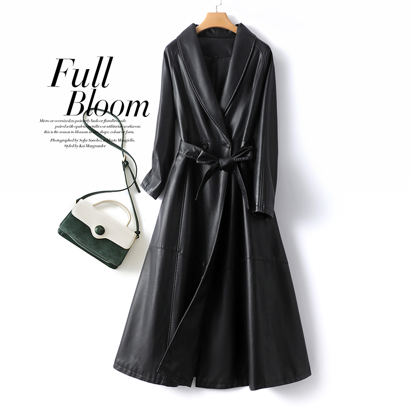 皮衣女长款显瘦气质黑色裙摆新款