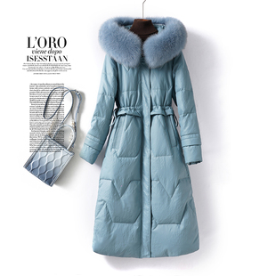 海宁皮羽绒服女中长款 绵羊皮衣 收腰连帽狐狸毛领真皮外套2025新款