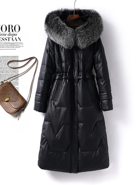 海宁真皮衣女中长款黑色收腰连帽狐狸毛领白鸭绒新款绵羊皮羽绒
