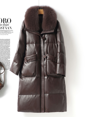 海宁绵羊皮衣女士中长狐狸毛领90白鸭绒外套冬加厚加大码真皮羽绒