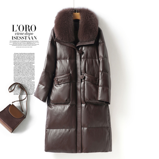 海宁绵羊皮衣女士中长狐狸毛领90白鸭绒外套冬加厚加大码真皮羽绒