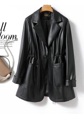 海宁皮衣女中长西装领黑色显瘦气质绵羊皮2025秋冬新款真皮女外套
