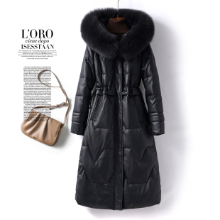 羽绒服女中长款黑色连帽狐狸毛领真皮外套新款2025海宁绵羊皮皮衣