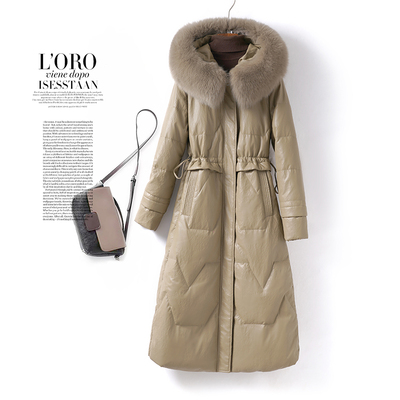 皮衣女中长收腰狐狸毛领90白鸭绒