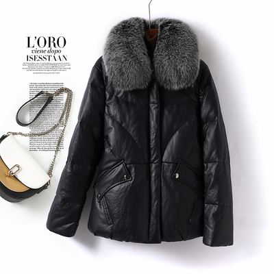 羊皮羽绒服短款黑色韩版狐狸毛领