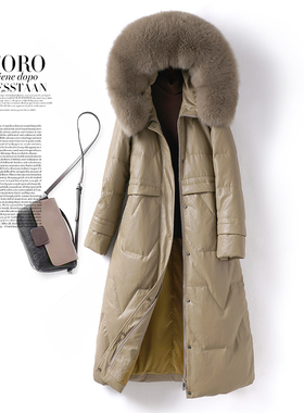 绵羊皮羽绒服女外套中长款连帽狐狸毛领90白鸭绒海宁新款真皮衣