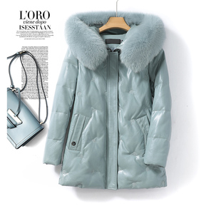 羽绒服女中长款狐狸毛领帽子真皮衣2025高端加厚白鸭绒外套绵羊皮