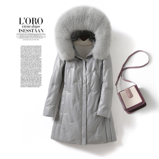 海宁真皮羽绒女外套中长款连帽狐狸毛领修身加大2025新款绵羊皮衣