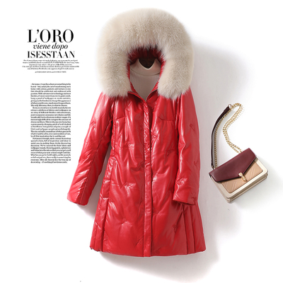 皮衣中长款修身红色加大狐狸毛领