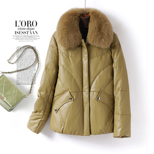 皮衣女真皮羽绒服短款狐狸毛领加厚90白鸭绒新款海宁绵羊皮外套