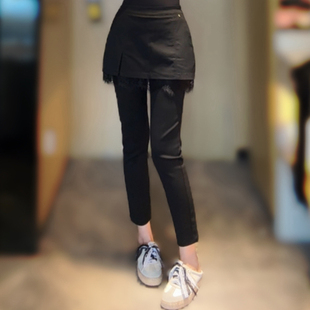 女显瘦百搭九分裤 新款 黑色休闲裤 外穿高腰假两件拼接蕾丝裙裤 时尚
