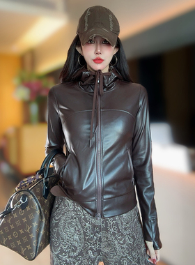 秋季新款长袖连帽蛋白皮显瘦皮衣短外套女士百搭洋气休闲夹克上衣