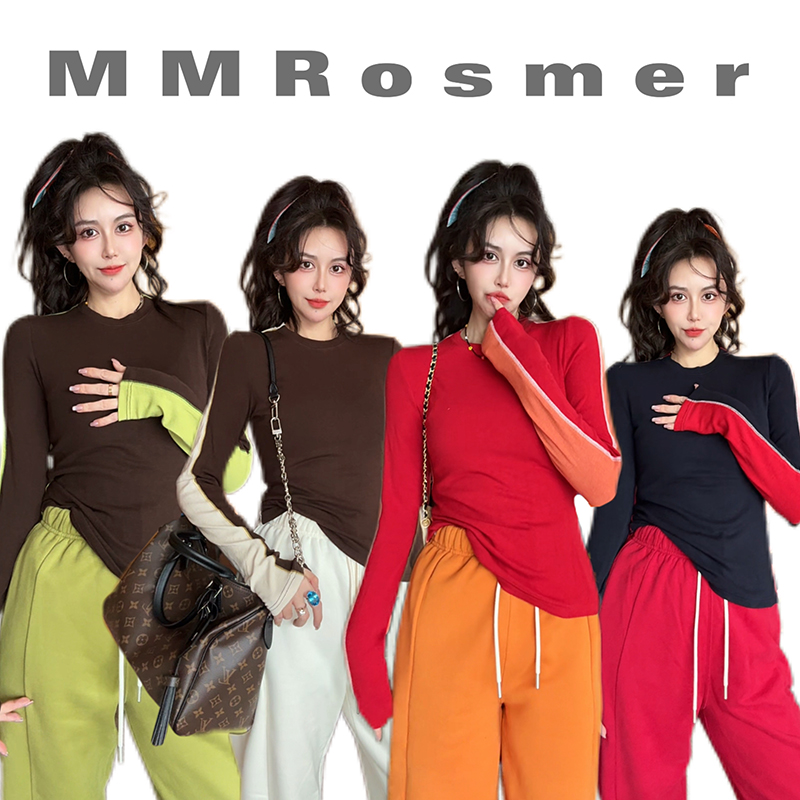 长袖V领条杠T恤女士修身上衣