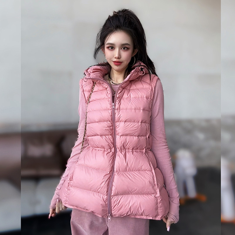 秋冬韩系纯色无袖连帽羽绒服外套女款时尚保暖显瘦收腰马甲女士