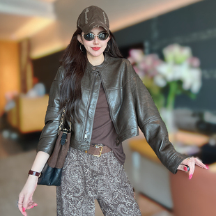 长袖 秋季 时尚 韩版 圆领PU皮外套女士休闲百搭洋气机车夹克上衣 新款