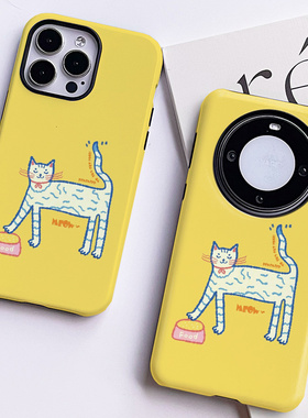 巷午 可爱涂鸦黄色猫咪适用于苹果15小米14一加12红米note13华为mate60荣耀90vivox100菲林手机壳oppofindx7u