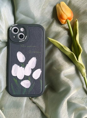 巷午白色郁金香适用苹果13红米k50华为mate40oppo/vivo贴皮手机