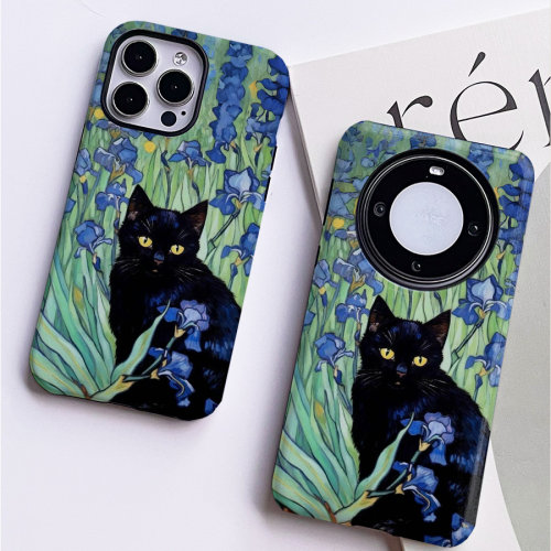 巷午 鸢尾花猫咪苹果15pm华为mate60pura70荣耀100/vivos18e菲林手机壳oppofindx7三星s24u红米k60艺术一加12
