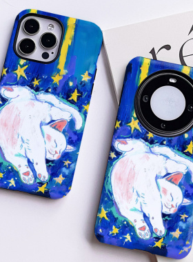 巷午 蓝色油画风猫咪苹果华为mate60p70荣耀200p/vivox100手机壳opporeno12p三星s24红米k60e一加12小米14/13