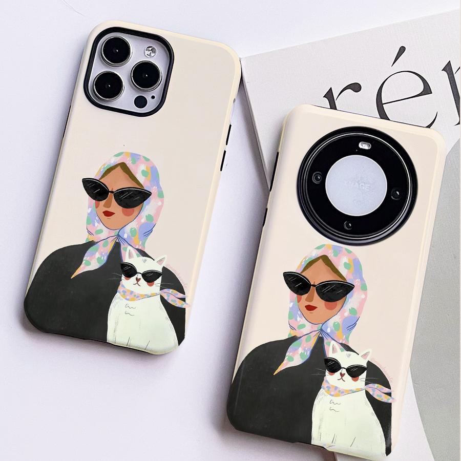 巷午 ins风酷酷女孩猫咪华为mate60荣耀magic6vivox100二合一手机壳oppofindx7三星s24小米14u苹果15红米k70