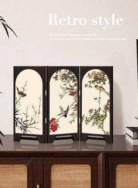 中古风花鸟墨竹折叠屏风桌面摆件新中式茶桌客厅餐桌屏风小摆画