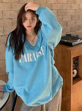 蓝色V领字母薄款卫衣女2023秋冬新款韩版慵懒风宽松显瘦休闲上衣