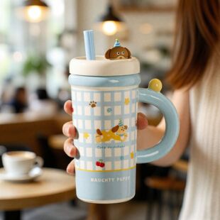 高颜值大容量卡通吸管杯带盖马克杯套装防尘陶瓷杯水杯家用女生杯