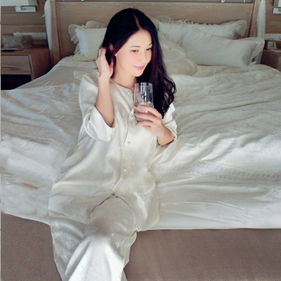 两件套装 长裤 桑蚕丝绸家居服 长袖 高端定制真丝暗花睡衣女士春秋款