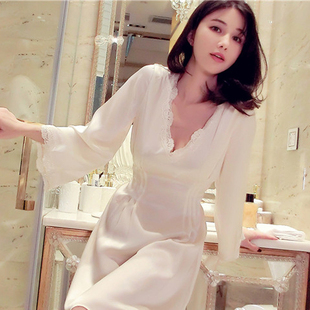 高端定制真丝女士睡衣长袖 收腰显瘦连衣裙桑蚕丝绸家居服 睡裙长款