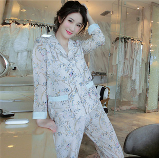 睡裤 刘美人刘钰懿夏季 两件套装 印花真丝绸睡衣女长袖 家居服薄 新款