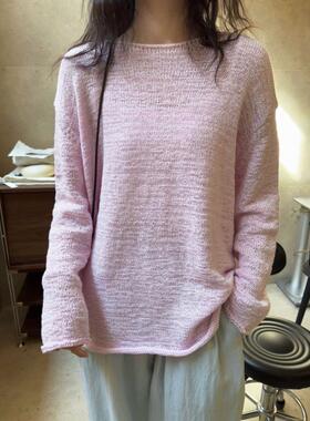 春季新款韩版慵懒无领卷边廓形毛衣轻盈防晒in质感休闲减龄上衣女
