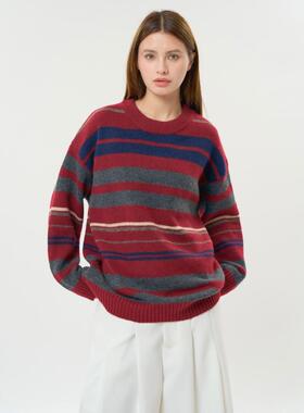 美式复古撞色条纹毛衣秋冬新款宽松加厚保暖慵懒风女士羊绒羊毛衫