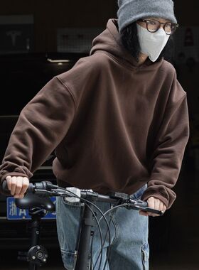 欧货秋冬新款韩系休闲带帽卫衣宽松美式简约套头连帽加绒厚款上衣