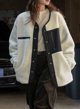 羊羔毛外套女冬季日韩休闲加厚保暖摇粒绒棒球服复古圆领百搭夹克