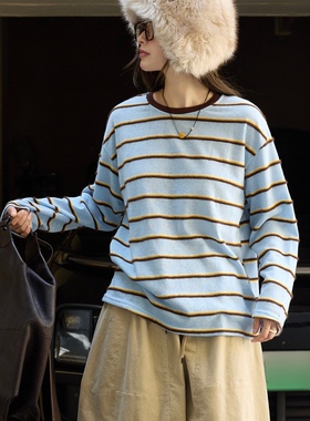 韩系慵懒风蓝色条纹长袖T恤女秋冬新款宽松显瘦ins时髦打底上衣潮