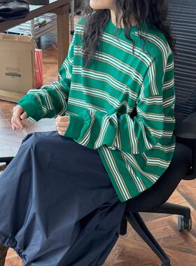 日系春季新款复古彩色条纹长袖T恤慵懒男友衫宽松舒适休闲上衣女