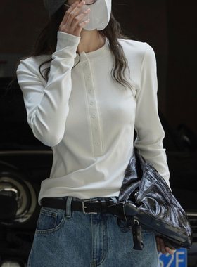 日韩春夏新款正肩长袖T恤女软糯亲肤设计感纯色修身显瘦打底上衣