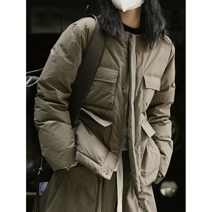 冬季新款日系复古休闲军装元素圆领面包羽绒服保暖宽松口袋外套女