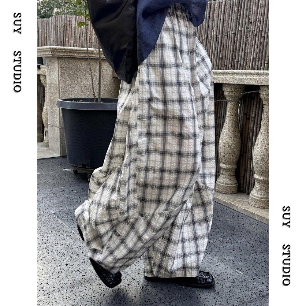 春夏日系慵懒复古格子纹设计感灯笼休闲裤宽松阔腿廓形显瘦长裤女