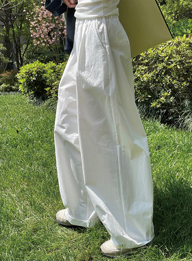 日系简约高腰白色休闲裤阔腿廊形宽松显瘦全棉韩版时髦慵懒长裤子