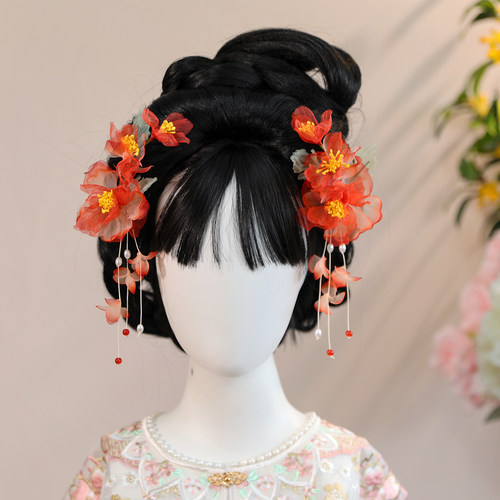 中式汉服新娘红色花朵流苏发夹