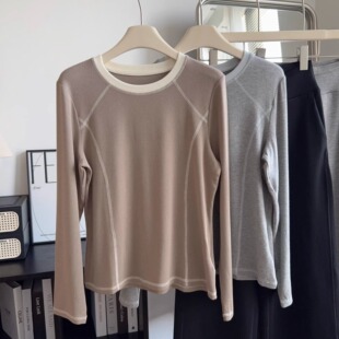 【酒窝家】春款明线分割圆领女款修身百搭气质正肩套头T恤打底衫