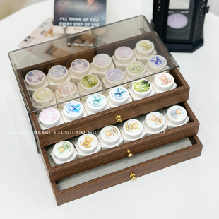 日式罐装胶收纳美甲收纳盒高档胡桃木抽屉饰品甲油胶拍拍胶收纳盒