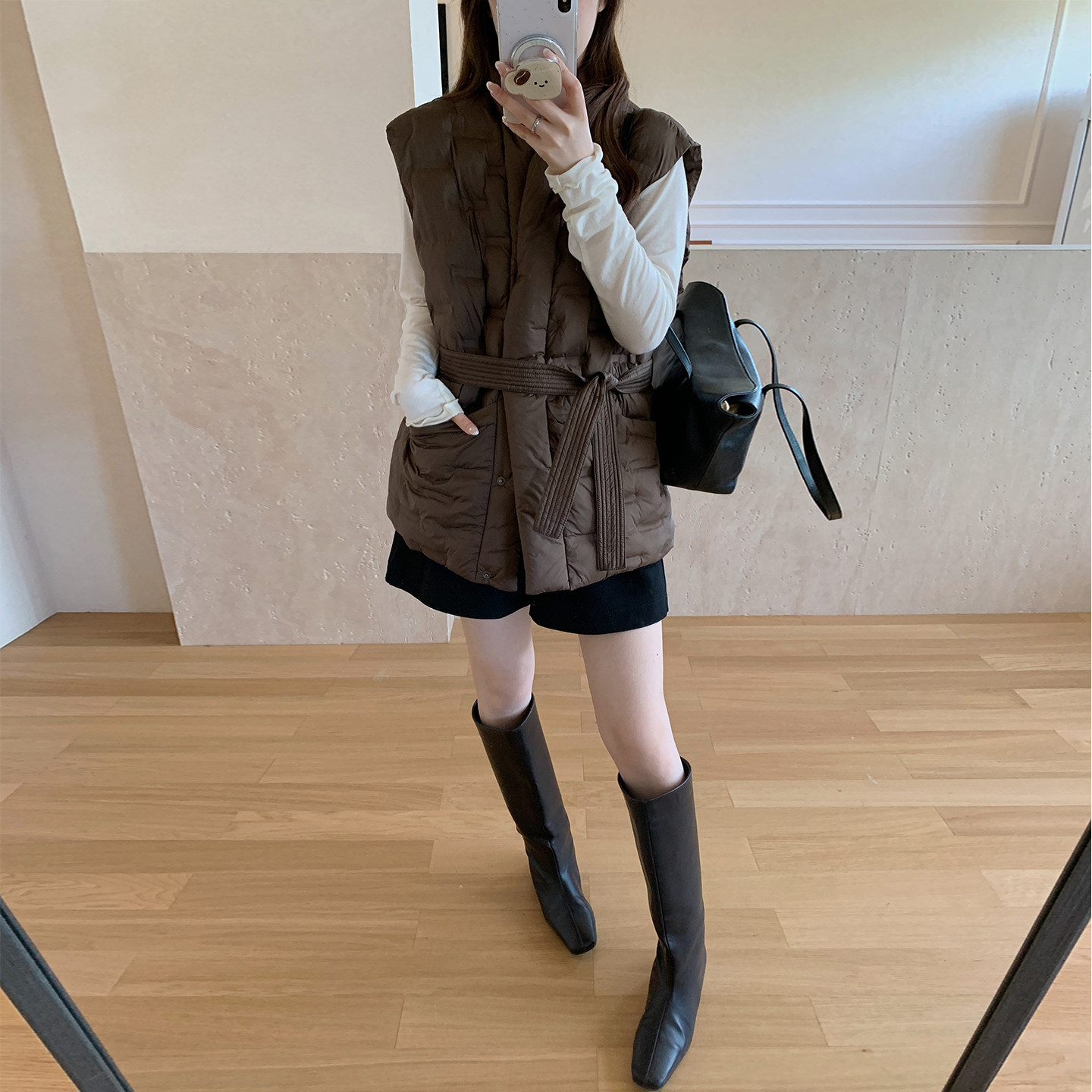 洋气V领羽绒棉马甲女小个子短款修身系带无袖棉服保暖坎肩外套潮