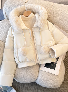 小个子短款羽绒棉服女2025冬季新款连帽毛领毛球加厚学生棉衣棉袄