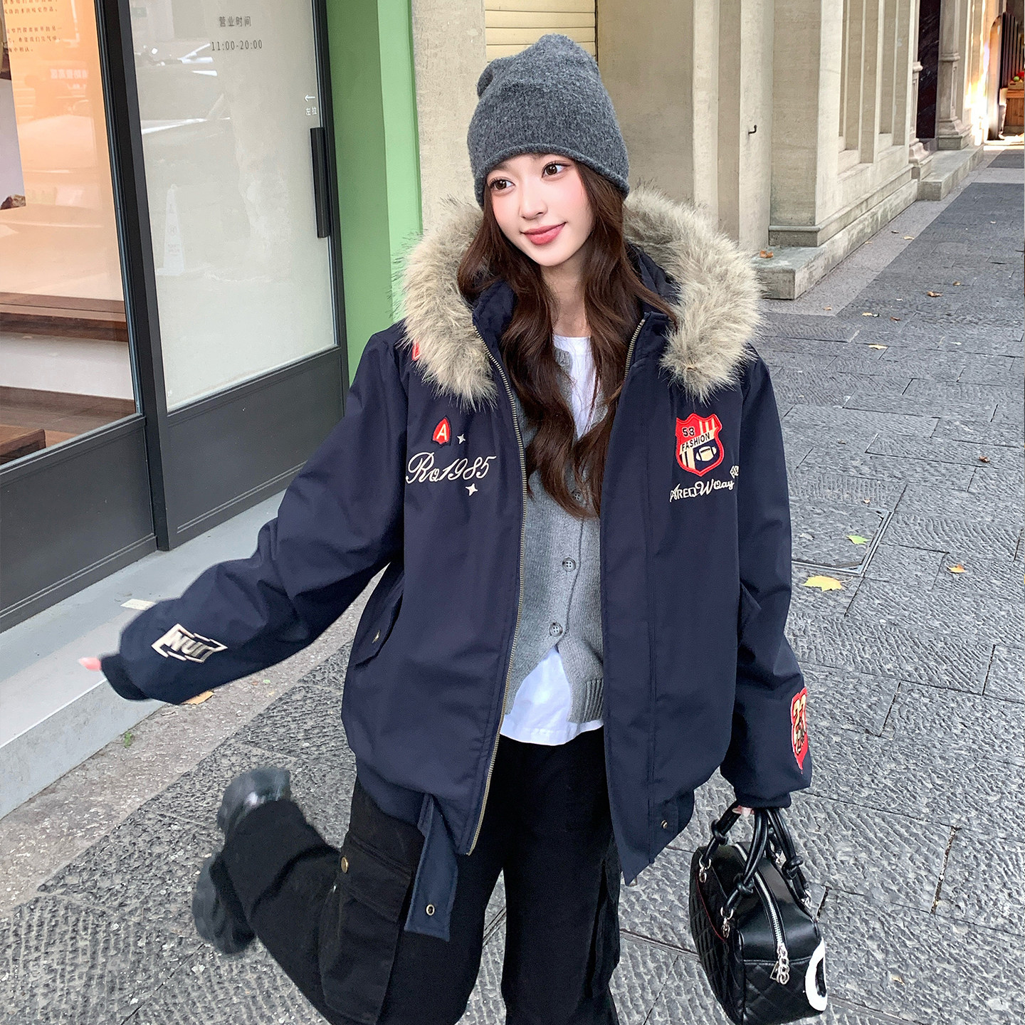 毛领棉服潮酷机车棉衣外套女2026冬季情侣短款派克服加厚宽松棉袄