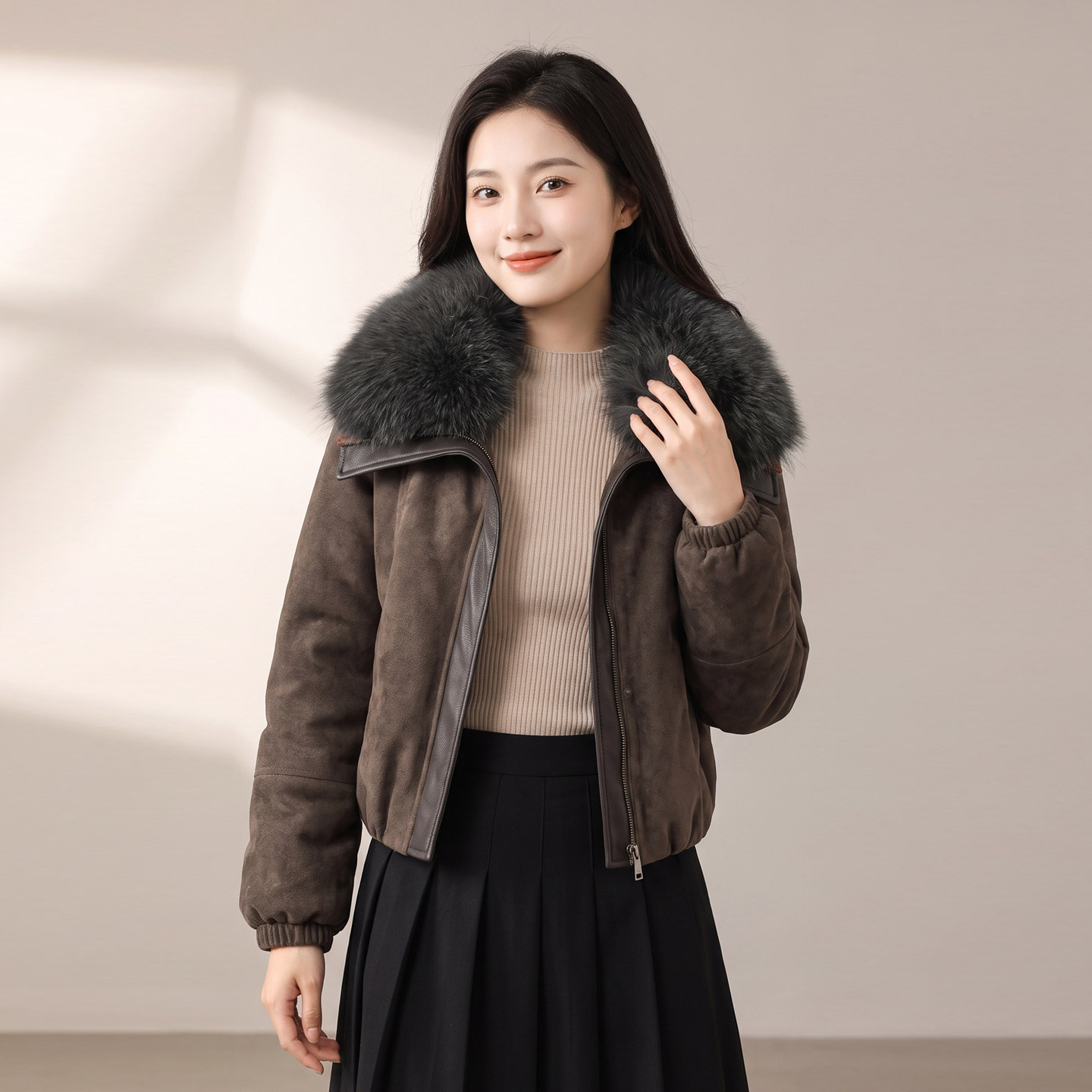 反季棉服女短款2026新款毛领派克服冬季加厚保暖麂皮绒外套高级感